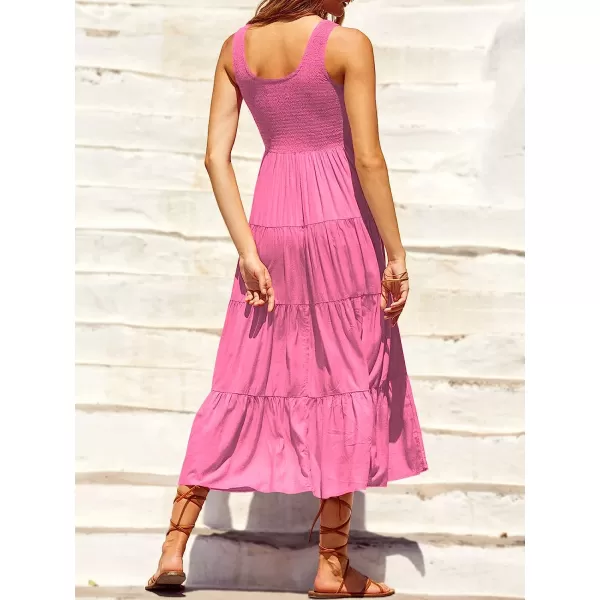 imageANRABESS Womens Summer Sleeveless Smocked Sundress Boho Ruffle Tiered Swing A Line Beach Midi Dress with PocketsPink