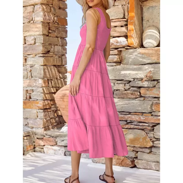 imageANRABESS Womens Summer Sleeveless Smocked Sundress Boho Ruffle Tiered Swing A Line Beach Midi Dress with PocketsPink