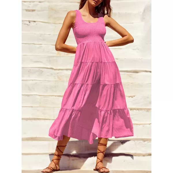 imageANRABESS Womens Summer Sleeveless Smocked Sundress Boho Ruffle Tiered Swing A Line Beach Midi Dress with PocketsPink