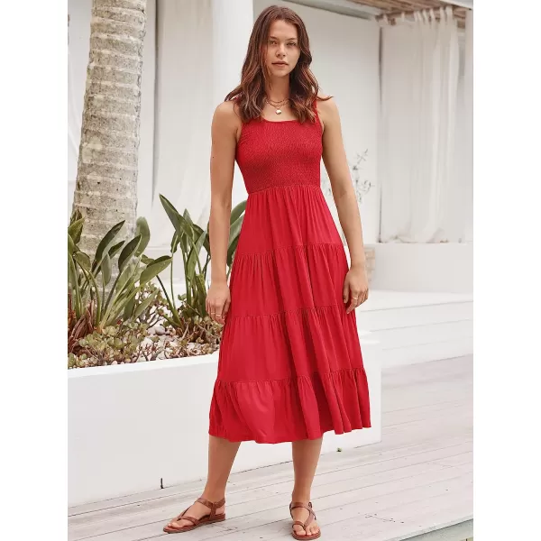 imageANRABESS Womens Summer Sleeveless Smocked Sundress Boho Ruffle Tiered Swing A Line Beach Midi Dress with PocketsRed