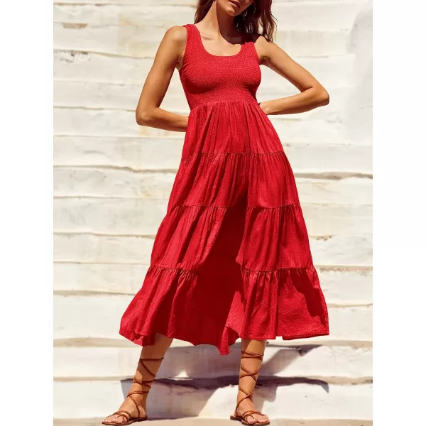 imageANRABESS Womens Summer Sleeveless Smocked Sundress Boho Ruffle Tiered Swing A Line Beach Midi Dress with PocketsRed