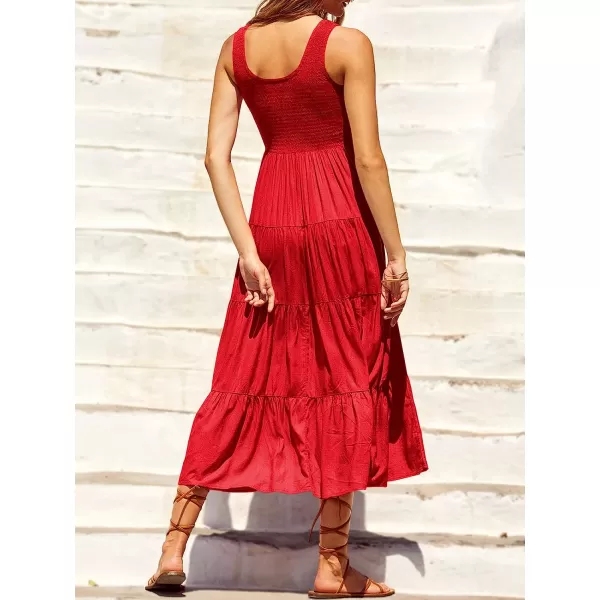 imageANRABESS Womens Summer Sleeveless Smocked Sundress Boho Ruffle Tiered Swing A Line Beach Midi Dress with PocketsRed