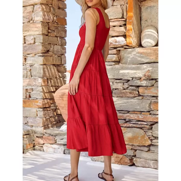 imageANRABESS Womens Summer Sleeveless Smocked Sundress Boho Ruffle Tiered Swing A Line Beach Midi Dress with PocketsRed