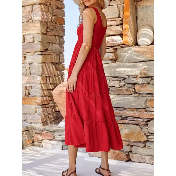 imageANRABESS Womens Summer Sleeveless Smocked Sundress Boho Ruffle Tiered Swing A Line Beach Midi Dress with PocketsRed