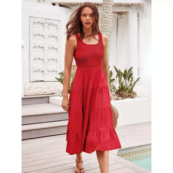 imageANRABESS Womens Summer Sleeveless Smocked Sundress Boho Ruffle Tiered Swing A Line Beach Midi Dress with PocketsRed