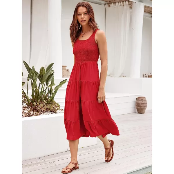 imageANRABESS Womens Summer Sleeveless Smocked Sundress Boho Ruffle Tiered Swing A Line Beach Midi Dress with PocketsRed