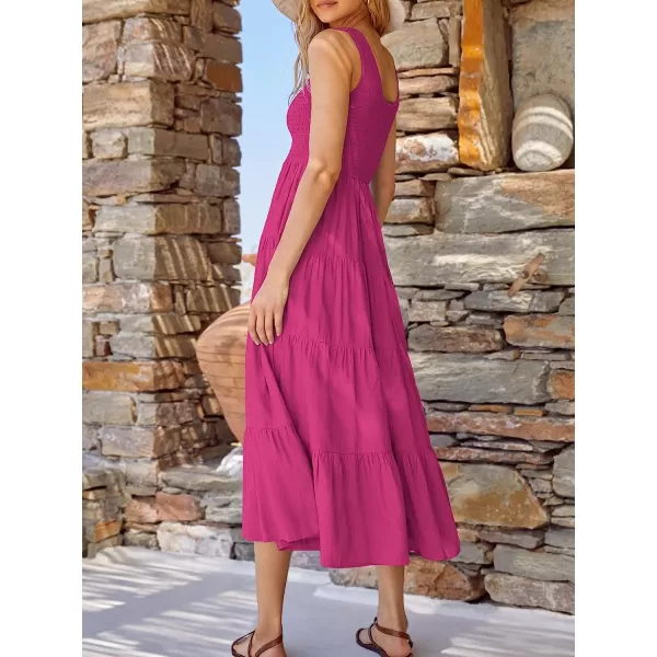 imageANRABESS Womens Summer Sleeveless Smocked Sundress Boho Ruffle Tiered Swing A Line Beach Midi Dress with PocketsRose