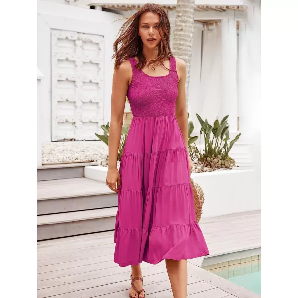 imageANRABESS Womens Summer Sleeveless Smocked Sundress Boho Ruffle Tiered Swing A Line Beach Midi Dress with PocketsRose