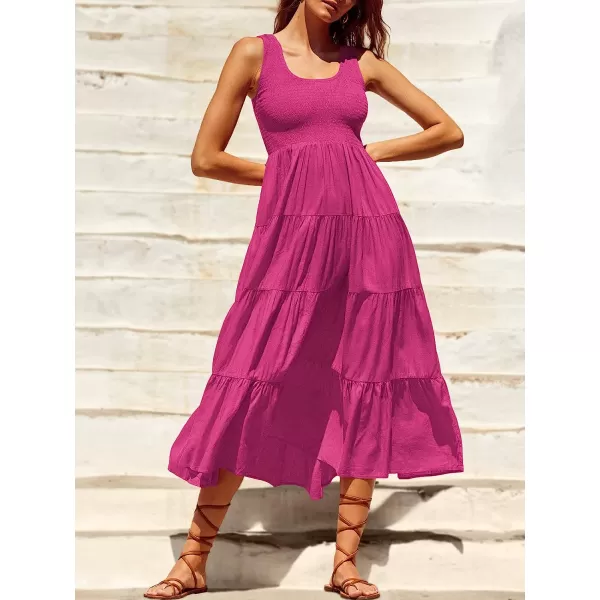 imageANRABESS Womens Summer Sleeveless Smocked Sundress Boho Ruffle Tiered Swing A Line Beach Midi Dress with PocketsRose