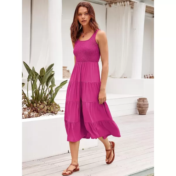 imageANRABESS Womens Summer Sleeveless Smocked Sundress Boho Ruffle Tiered Swing A Line Beach Midi Dress with PocketsRose