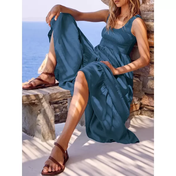 imageANRABESS Womens Summer Sleeveless Smocked Sundress Boho Ruffle Tiered Swing A Line Beach Midi Dress with PocketsTeal
