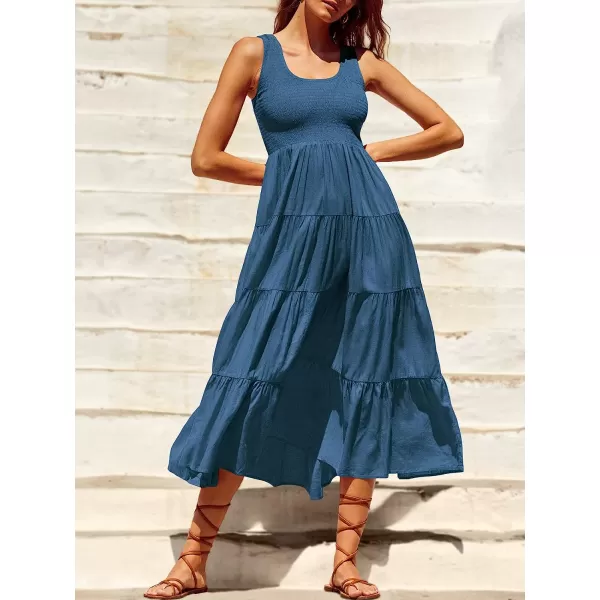 imageANRABESS Womens Summer Sleeveless Smocked Sundress Boho Ruffle Tiered Swing A Line Beach Midi Dress with PocketsTeal