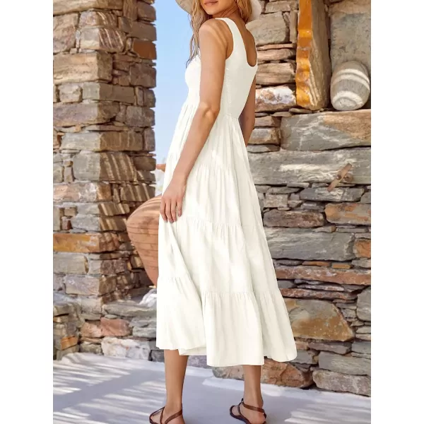 imageANRABESS Womens Summer Sleeveless Smocked Sundress Boho Ruffle Tiered Swing A Line Beach Midi Dress with PocketsWhite