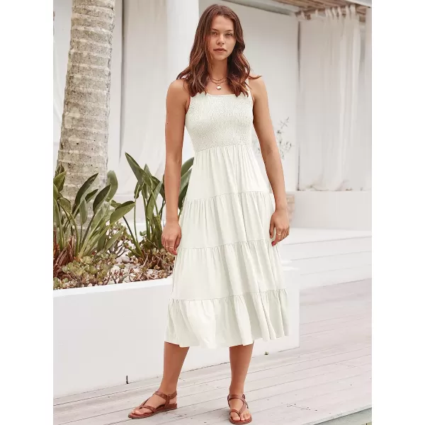 imageANRABESS Womens Summer Sleeveless Smocked Sundress Boho Ruffle Tiered Swing A Line Beach Midi Dress with PocketsWhite