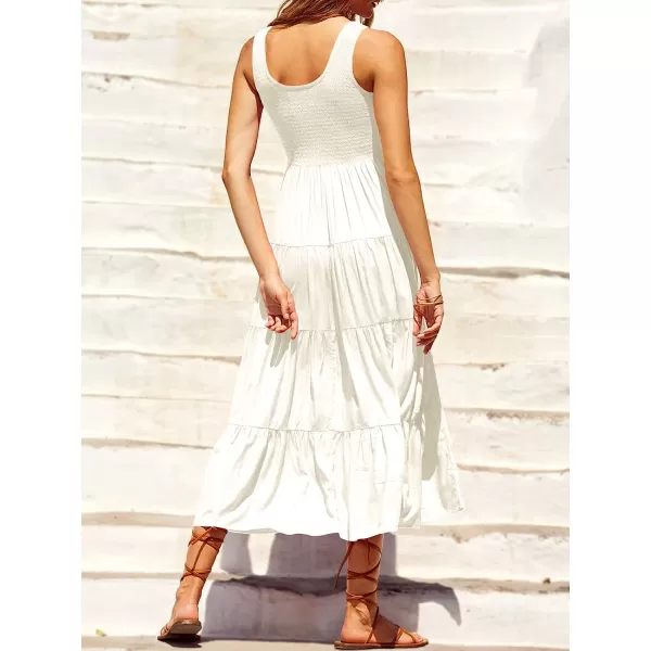 imageANRABESS Womens Summer Sleeveless Smocked Sundress Boho Ruffle Tiered Swing A Line Beach Midi Dress with PocketsWhite