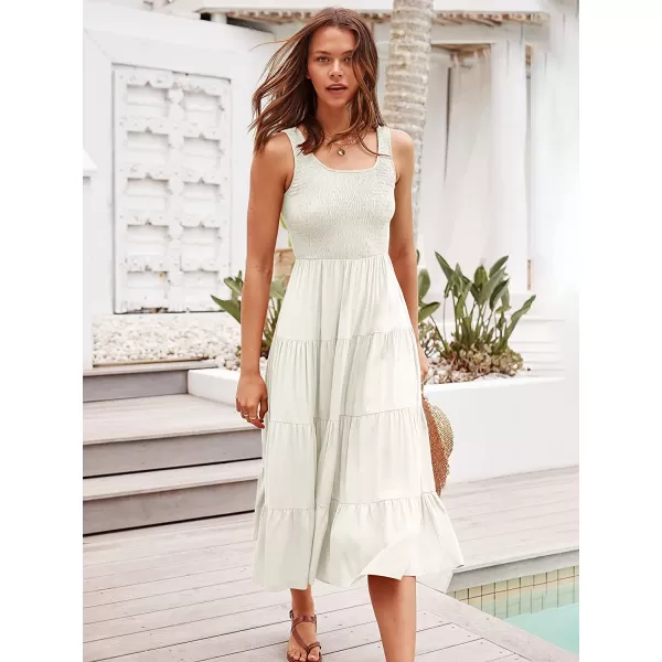 imageANRABESS Womens Summer Sleeveless Smocked Sundress Boho Ruffle Tiered Swing A Line Beach Midi Dress with PocketsWhite