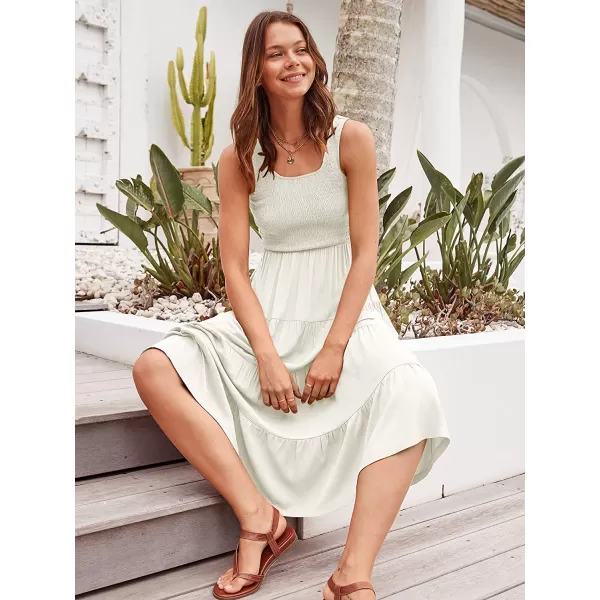 imageANRABESS Womens Summer Sleeveless Smocked Sundress Boho Ruffle Tiered Swing A Line Beach Midi Dress with PocketsWhite