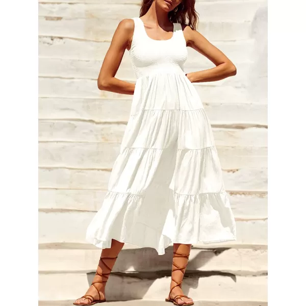 imageANRABESS Womens Summer Sleeveless Smocked Sundress Boho Ruffle Tiered Swing A Line Beach Midi Dress with PocketsWhite