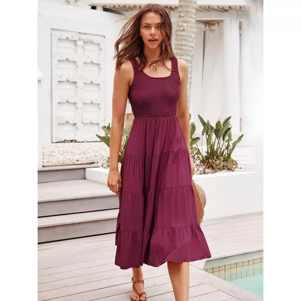 imageANRABESS Womens Summer Sleeveless Smocked Sundress Boho Ruffle Tiered Swing A Line Beach Midi Dress with PocketsWine Red