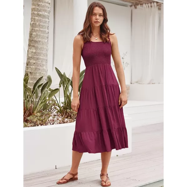 imageANRABESS Womens Summer Sleeveless Smocked Sundress Boho Ruffle Tiered Swing A Line Beach Midi Dress with PocketsWine Red