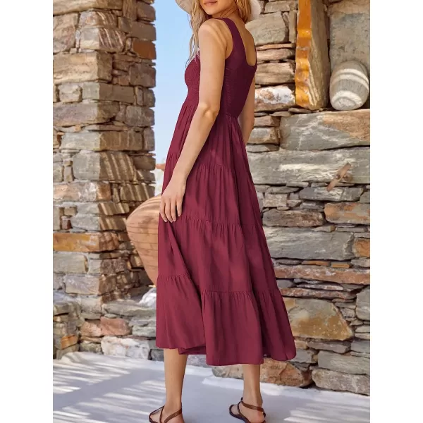 imageANRABESS Womens Summer Sleeveless Smocked Sundress Boho Ruffle Tiered Swing A Line Beach Midi Dress with PocketsWine Red