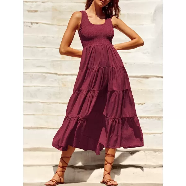 imageANRABESS Womens Summer Sleeveless Smocked Sundress Boho Ruffle Tiered Swing A Line Beach Midi Dress with PocketsWine Red