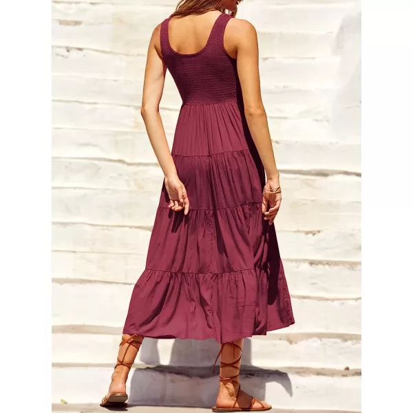 imageANRABESS Womens Summer Sleeveless Smocked Sundress Boho Ruffle Tiered Swing A Line Beach Midi Dress with PocketsWine Red