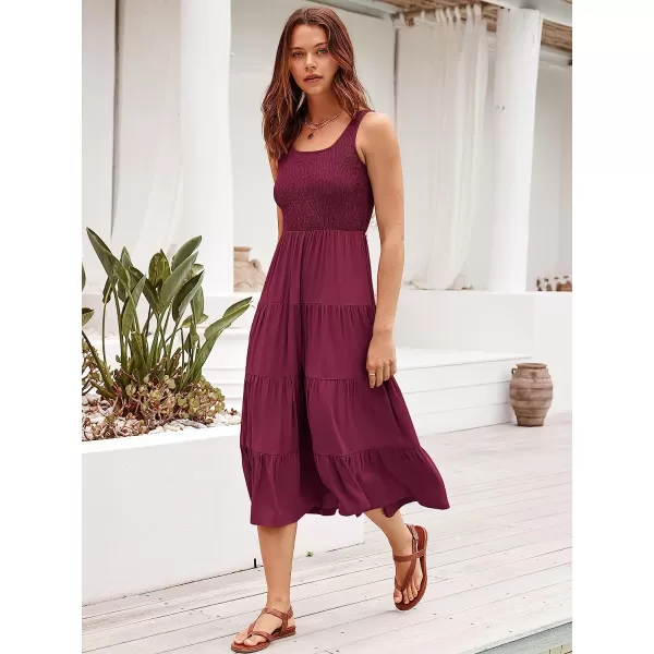 imageANRABESS Womens Summer Sleeveless Smocked Sundress Boho Ruffle Tiered Swing A Line Beach Midi Dress with PocketsWine Red