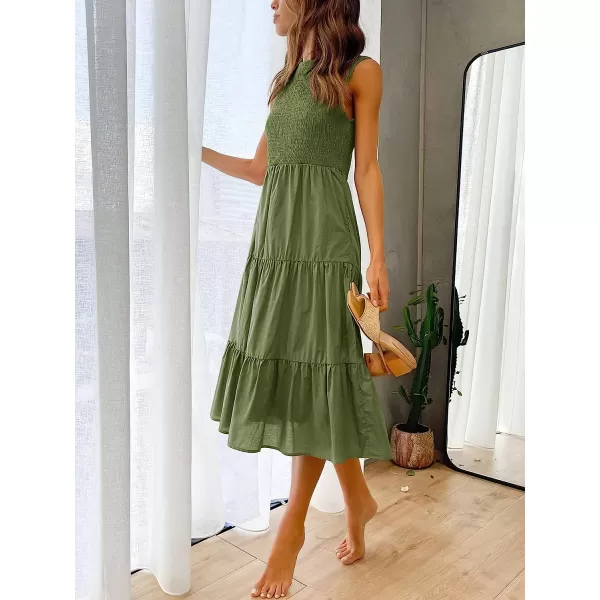 imageANRABESS Womens Summer Sleeveless Smocked Sundress Elastic Waist Tiered Swing A Line Beach Midi Dress with PocketsArmy Green