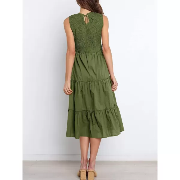 imageANRABESS Womens Summer Sleeveless Smocked Sundress Elastic Waist Tiered Swing A Line Beach Midi Dress with PocketsArmy Green