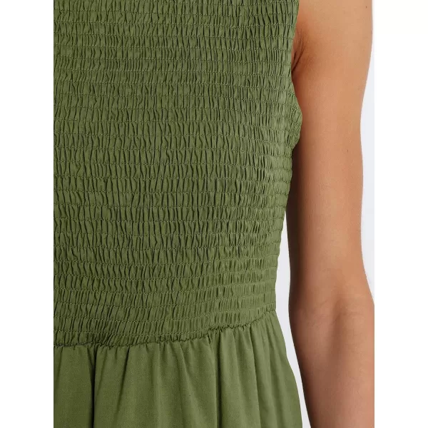 imageANRABESS Womens Summer Sleeveless Smocked Sundress Elastic Waist Tiered Swing A Line Beach Midi Dress with PocketsArmy Green