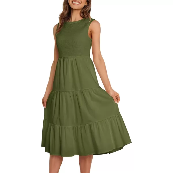imageANRABESS Womens Summer Sleeveless Smocked Sundress Elastic Waist Tiered Swing A Line Beach Midi Dress with PocketsArmy Green