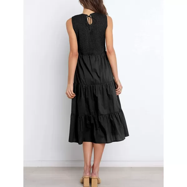 imageANRABESS Womens Summer Sleeveless Smocked Sundress Elastic Waist Tiered Swing A Line Beach Midi Dress with PocketsBlack