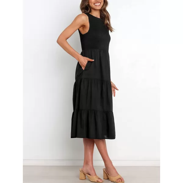 imageANRABESS Womens Summer Sleeveless Smocked Sundress Elastic Waist Tiered Swing A Line Beach Midi Dress with PocketsBlack