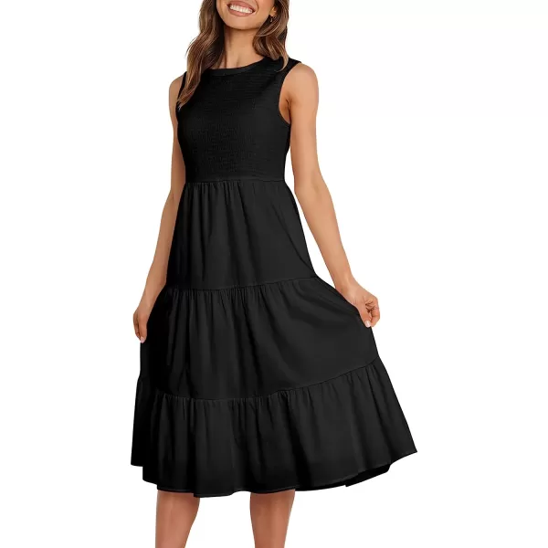 imageANRABESS Womens Summer Sleeveless Smocked Sundress Elastic Waist Tiered Swing A Line Beach Midi Dress with PocketsBlack