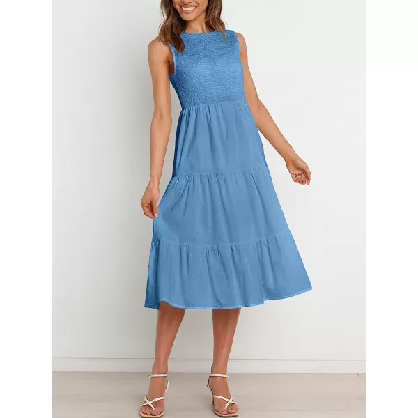 imageANRABESS Womens Summer Sleeveless Smocked Sundress Elastic Waist Tiered Swing A Line Beach Midi Dress with PocketsBlue