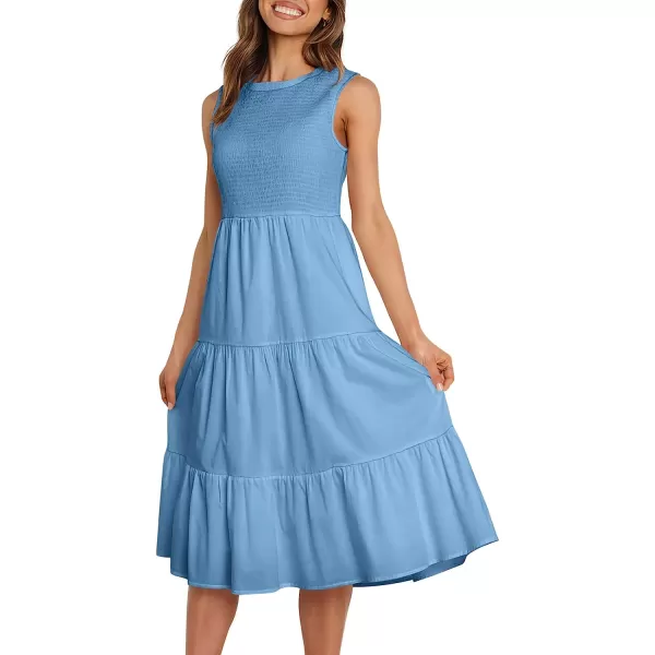 imageANRABESS Womens Summer Sleeveless Smocked Sundress Elastic Waist Tiered Swing A Line Beach Midi Dress with PocketsBlue