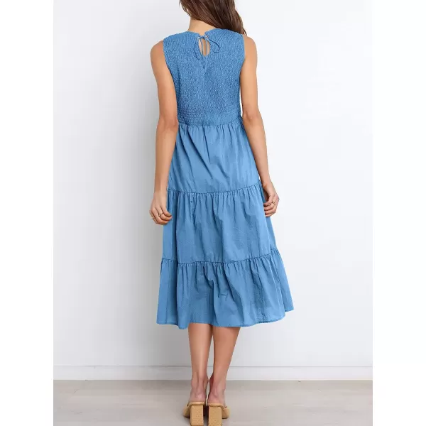 imageANRABESS Womens Summer Sleeveless Smocked Sundress Elastic Waist Tiered Swing A Line Beach Midi Dress with PocketsBlue