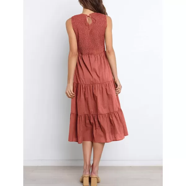 imageANRABESS Womens Summer Sleeveless Smocked Sundress Elastic Waist Tiered Swing A Line Beach Midi Dress with PocketsBrick