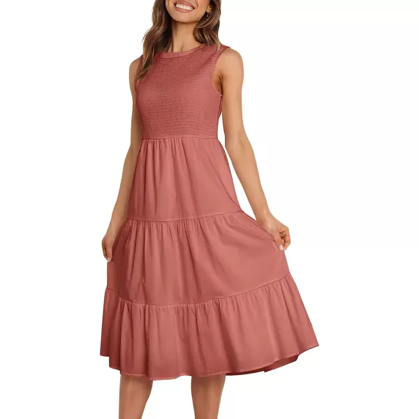 imageANRABESS Womens Summer Sleeveless Smocked Sundress Elastic Waist Tiered Swing A Line Beach Midi Dress with PocketsBrick