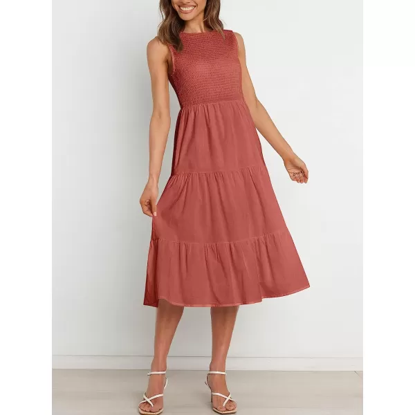 imageANRABESS Womens Summer Sleeveless Smocked Sundress Elastic Waist Tiered Swing A Line Beach Midi Dress with PocketsBrick