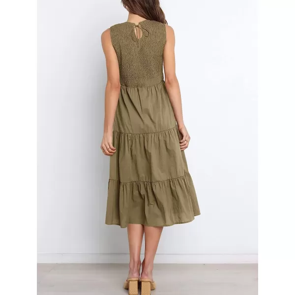 imageANRABESS Womens Summer Sleeveless Smocked Sundress Elastic Waist Tiered Swing A Line Beach Midi Dress with PocketsCoffee