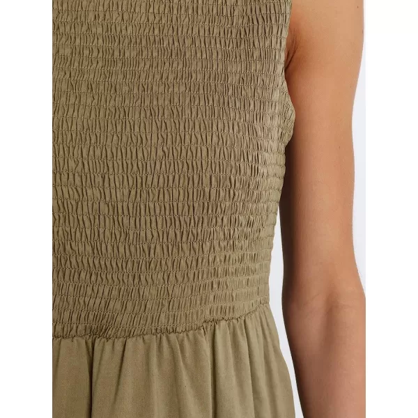 imageANRABESS Womens Summer Sleeveless Smocked Sundress Elastic Waist Tiered Swing A Line Beach Midi Dress with PocketsCoffee