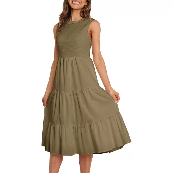 imageANRABESS Womens Summer Sleeveless Smocked Sundress Elastic Waist Tiered Swing A Line Beach Midi Dress with PocketsCoffee