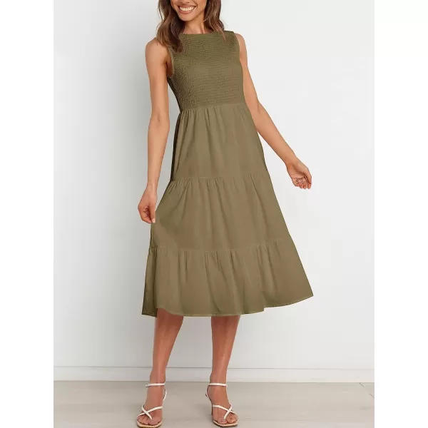 imageANRABESS Womens Summer Sleeveless Smocked Sundress Elastic Waist Tiered Swing A Line Beach Midi Dress with PocketsCoffee