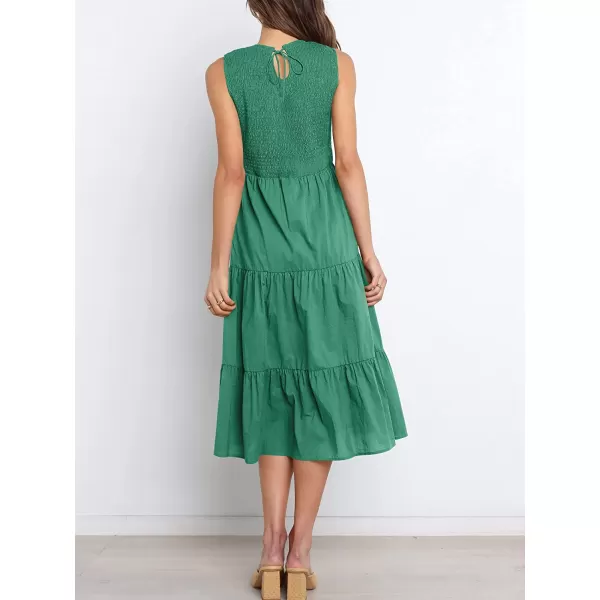 imageANRABESS Womens Summer Sleeveless Smocked Sundress Elastic Waist Tiered Swing A Line Beach Midi Dress with PocketsGreen