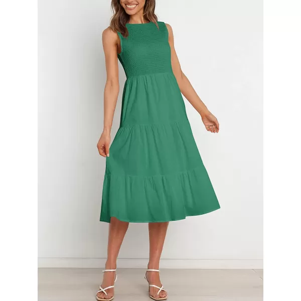 imageANRABESS Womens Summer Sleeveless Smocked Sundress Elastic Waist Tiered Swing A Line Beach Midi Dress with PocketsGreen