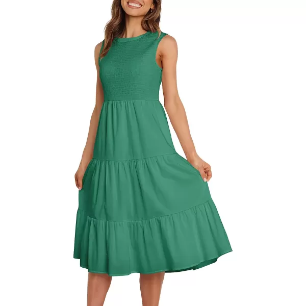 imageANRABESS Womens Summer Sleeveless Smocked Sundress Elastic Waist Tiered Swing A Line Beach Midi Dress with PocketsGreen