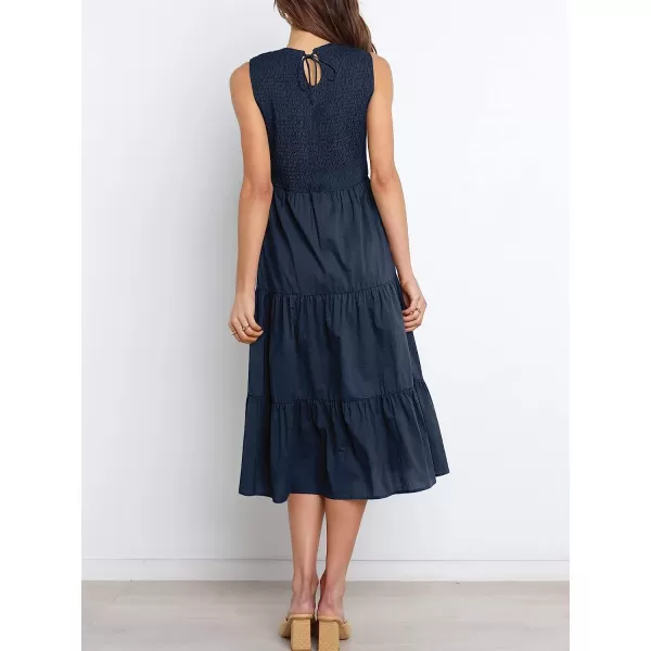 imageANRABESS Womens Summer Sleeveless Smocked Sundress Elastic Waist Tiered Swing A Line Beach Midi Dress with PocketsNavy Blue
