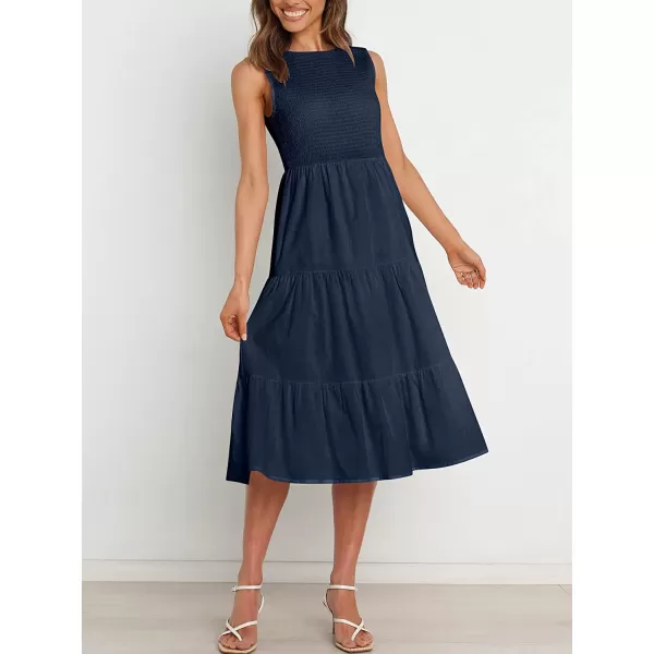 imageANRABESS Womens Summer Sleeveless Smocked Sundress Elastic Waist Tiered Swing A Line Beach Midi Dress with PocketsNavy Blue